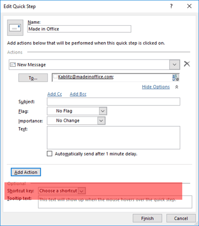 add QuickStep in Outlook select key combination