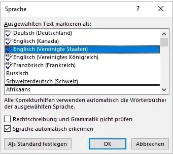 automatische Rechtschreibprüfung Outlook andere Sprache Korrekturhilfe auswählen