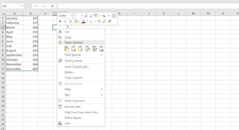 rotate excel charts switch rows and columns - select cell
