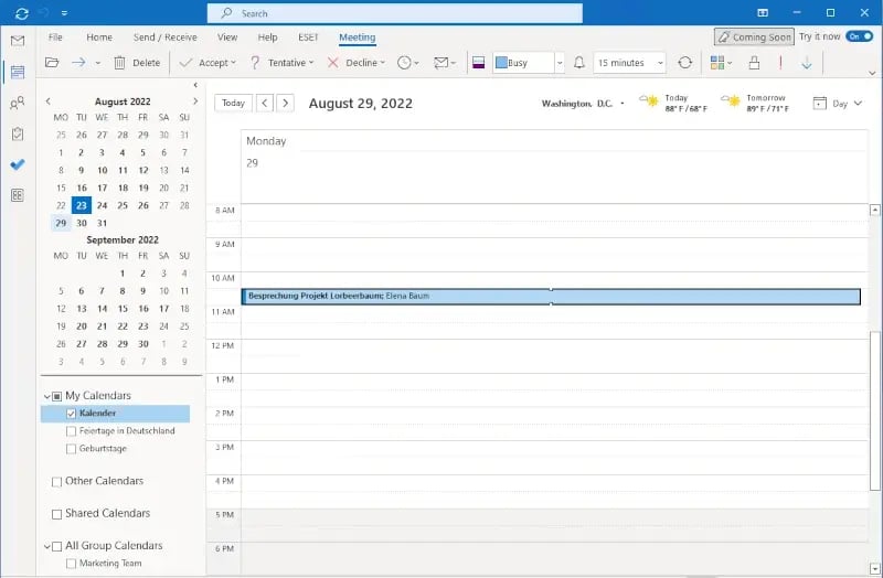 Outlook features declined meetings calendar