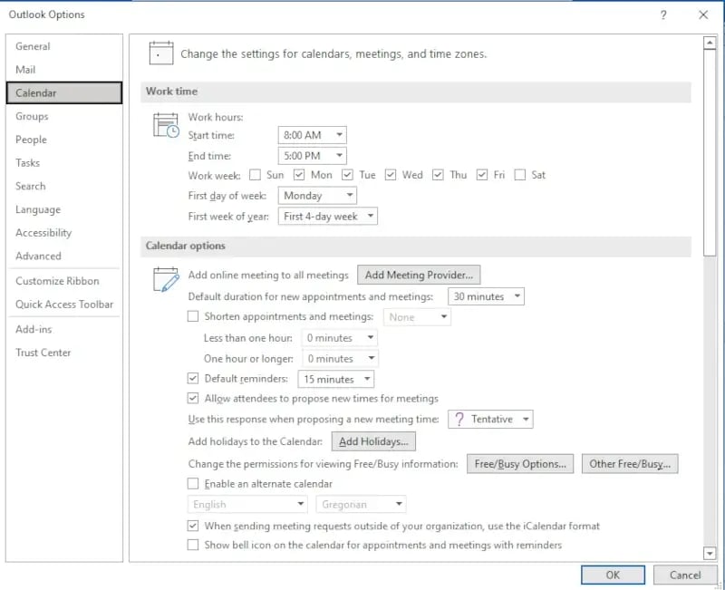 Outlook features time buffer meetings calendar options
