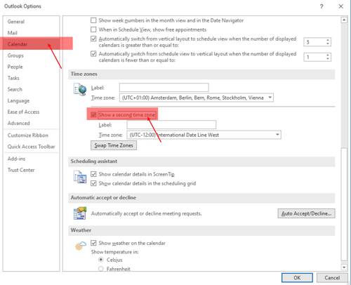 Outlook features time zones