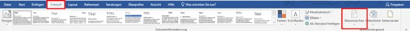 Wasserzeichen in Office Word Entwurf Tab