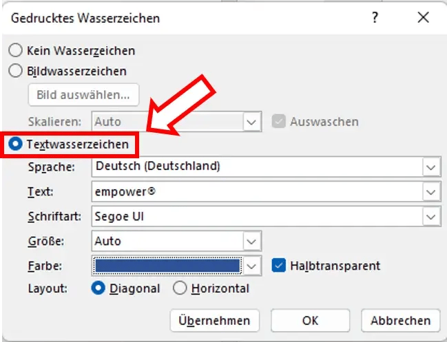 Wasserzeichen in Office Word Textwasserzeichen