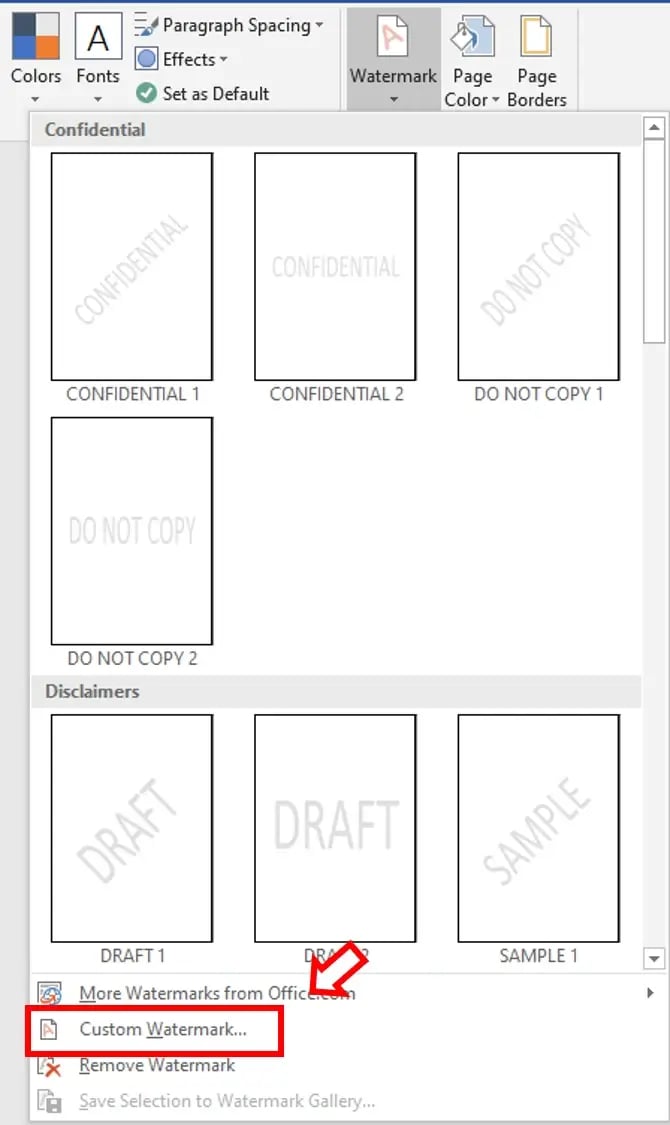 Watermark Microsoft Office Word standard templates