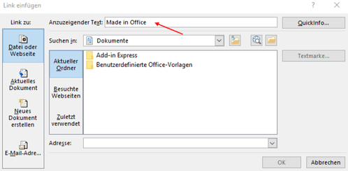 Webquelle in Excel verlinken Anzuzeigender Text für Tabelle