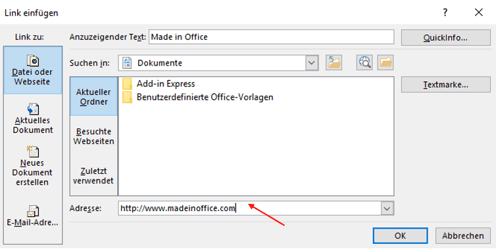 Webquelle in Excel verlinken URL in Adress Feld eingeben