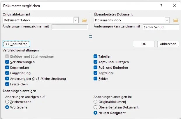 Word Dokumente vergleichen Vergleichseinstellungen und angezeigte Änderungen