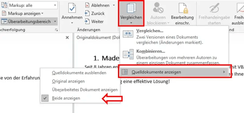 Word Dokumente vergleichen Quelldokumente anzeigen