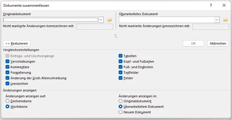 Word Dokumente vergleichen kombinieren Vergleichseinstellungen