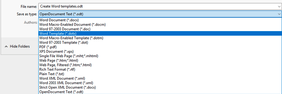 Save templates in Word