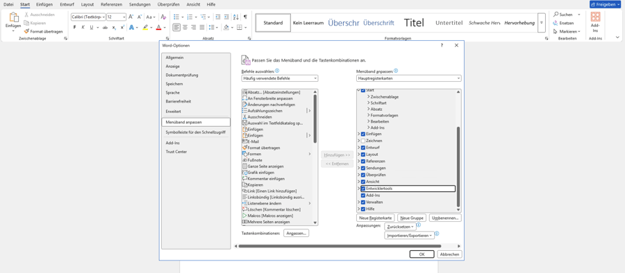 Entwicklertools in Word
