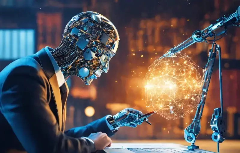 Humanoider Roboter in Anzug und Krawatte schaut auf eine leuchtende Kugel Humanoider Roboter in Anzug und Krawatte schaut auf eine leuchtende Kugel