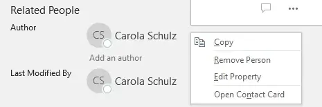 remove author name from word settings related peaople right click