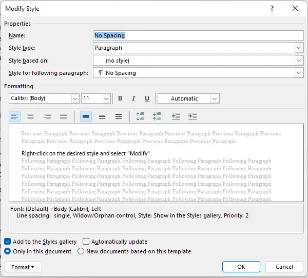 modify style window click format word