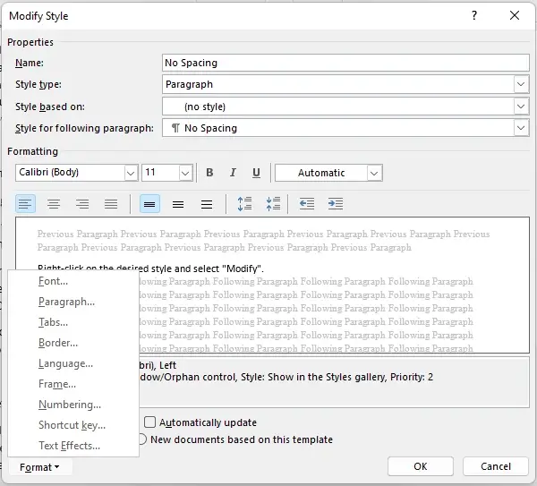 Modify style word modify shortcut key