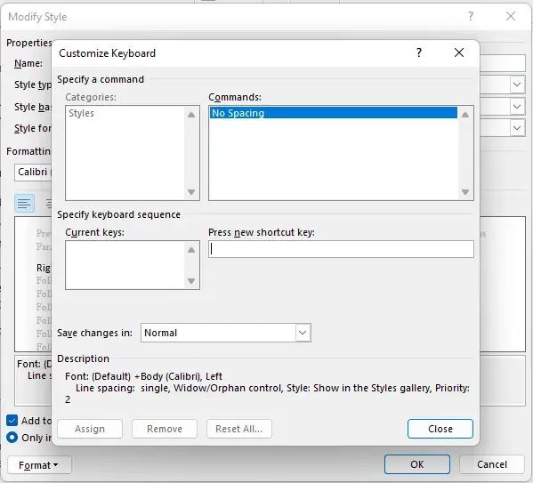 press new shortcut key for word style