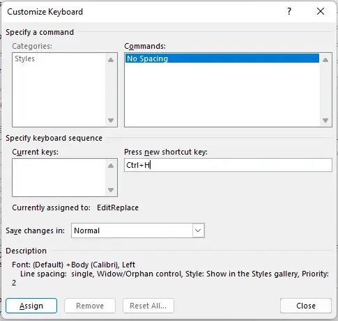 assign new shortcut key word style