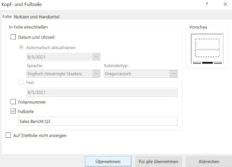 Fußzeilen in PowerPoint bearbeiten auf einer Folie einfügen