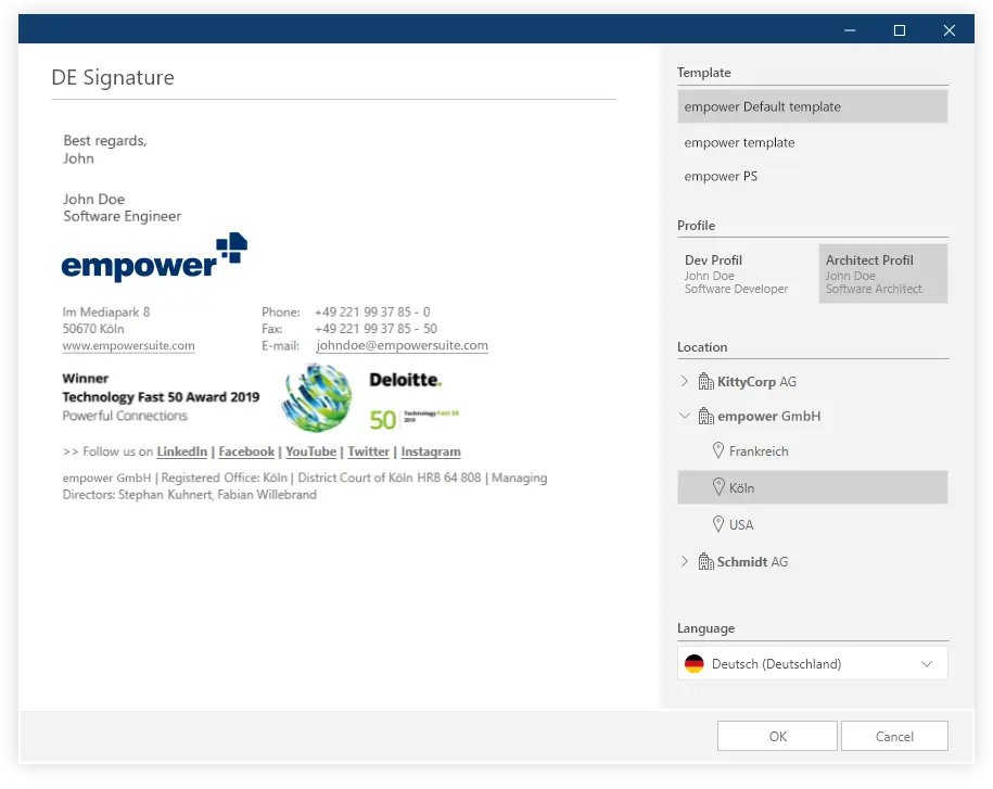 central email signature management outlook change location