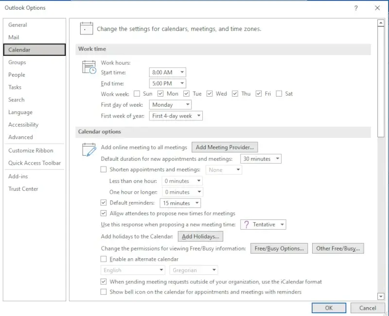 Outlook features time buffer meetings calendar options
