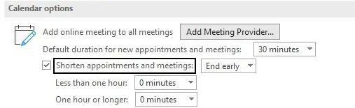 Outlook features time buffer calendar options shorten meeting time