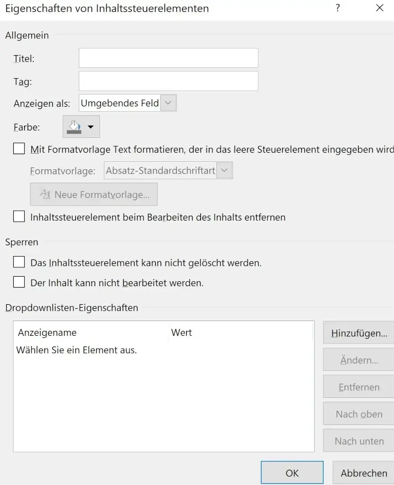 word-vorlage erstellen Fenster Eigenschaften von Inhaltssteuerelementen